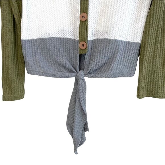 Waffle Knit Front Tie Colour Block Button Down - Picture 4 of 8